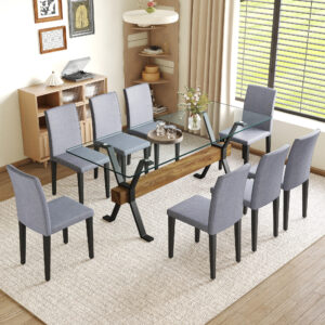Table and chair set.79"x31.5" Inch Tempered Glass Tabletop With X-shaped Black Metal Table Legs,Wood Grain Textured MDF Crossbeam.Paired With 8 Light Gray Linen-Cotton Dining Chairs.