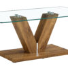 A modern minimalist style coffee table. Transparent tempered glass tabletop with wooden MDF columns. Suitable for living room and dining room.  CT-V