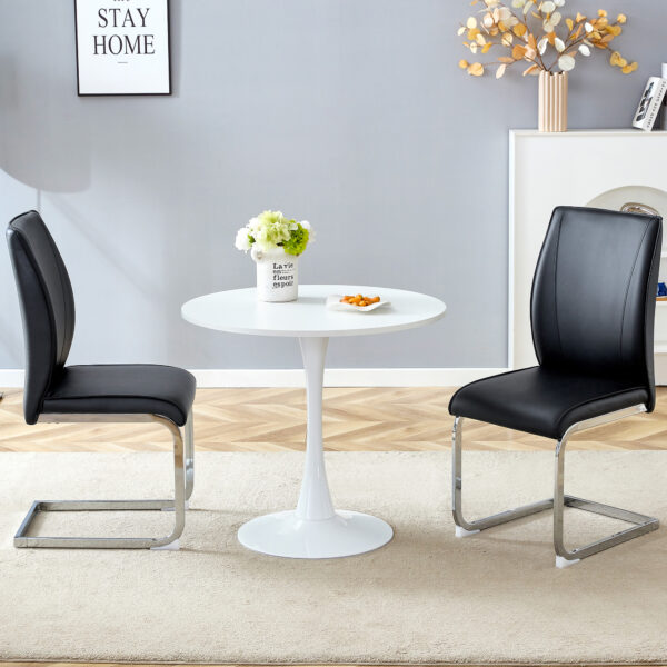 16e8763bb2e84f95a676ea48310c14b1_7c57abff0933725f635a860bcd0f7bbe Table and chair set.Hourglass-Shaped Stable Small Round Table -31.9" * 31.9" With 2 Soft and Comfortable Black PU Chair With Arched Metal Silver Leg.Create Your Exclusive Low-Key Luxury Space.