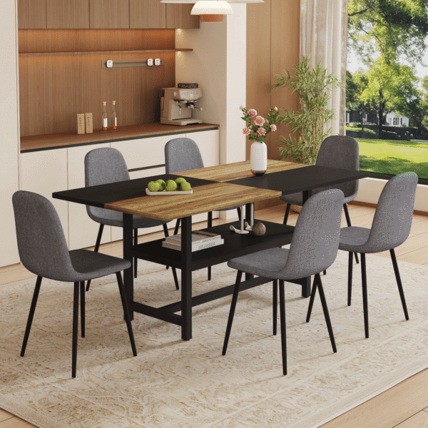 Table and chair set.71*35.4 inch Wooden And Black Spliced Dining Table With Storage Function In The Middle Of The Table Legs.Paired With 6 Chairs Made Of Dark Gray Lnen Fabric.Iron pipe spraying Legs.