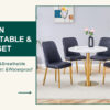 Table and chair set.31.5 Inch Elegant White Marble Pattern Round Dining Table - Suction Molding Annular Texture.Paired With 4 Black PU Chairs with Simple Line Designs On The Backrest.