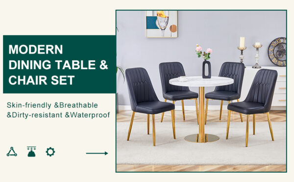 17373d6598694989881184f72ef067ec_e18bd72ab33265aa5e8e6d268a25caff Table and chair set.31.5 Inch Elegant White Marble Pattern Round Dining Table - Suction Molding Annular Texture.Paired With 4 Black PU Chairs with Simple Line Designs On The Backrest.