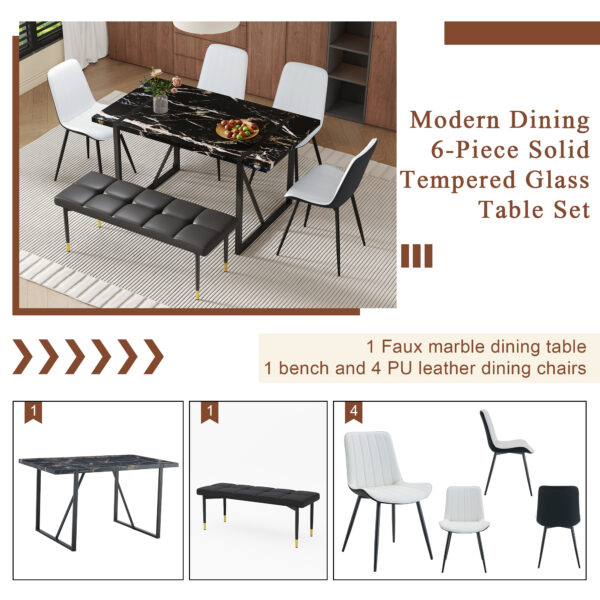 1789cebba81f42bfb700b59b7a84a322_49d2d878f43054fa811447a8dc69d9bf Table and chair set.Modern Black Marble Pattern MDF Dining Table Set - 55"x31.4" with 4 Extended Seat Cushion PU Dining Chairs and 1 Bench,A Choice of Subtle Luxury for Modern Homes.