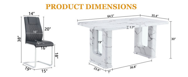 1794a1a907e9479fbc2300674f8a0448_bfdb75d28a507b669140755fd4f74945 Table and chair set.64.5 x 35.4 Inch Stylish White Marble Textured Dining Table,Perfectly Blending Simplicity And Transparency.Paried With 6 Black High-quality PU Chairs With Silver Arched Metal Legs.