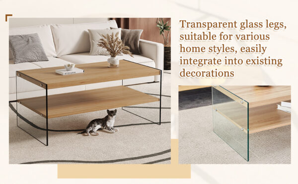 Double layered rectangular coffee table.The board is made of MDF with wooden stickers, with transparent tempered glass on both side.Suitable for various occasions such as living rooms and bedrooms.