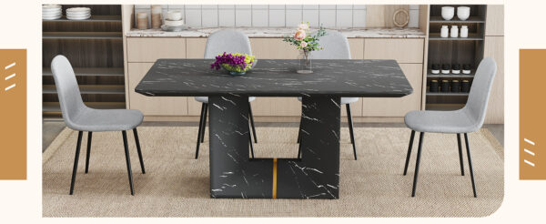 Table and chair set.Black Marble Pattern MDF Dining Table Set - 63"x35.4" with 4 Light Gray Linen Fabric Chairs.Integrated Seat and Backrest,Linen-Cotton Material.Suitable for kitchen,Dining room,etc.