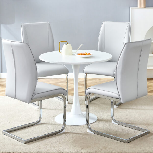 17c872d335e342ababe12620baeb08d2_147d4fe96459463695beea6462c788cc Table and chair set.Hourglass-Shaped Stable Small Round Table -31.9" * 31.9" With 4 Soft and Comfortable Light Gray PU Chair With Arched Metal Silver Leg.Create Your Exclusive Low-Key Luxury Space.