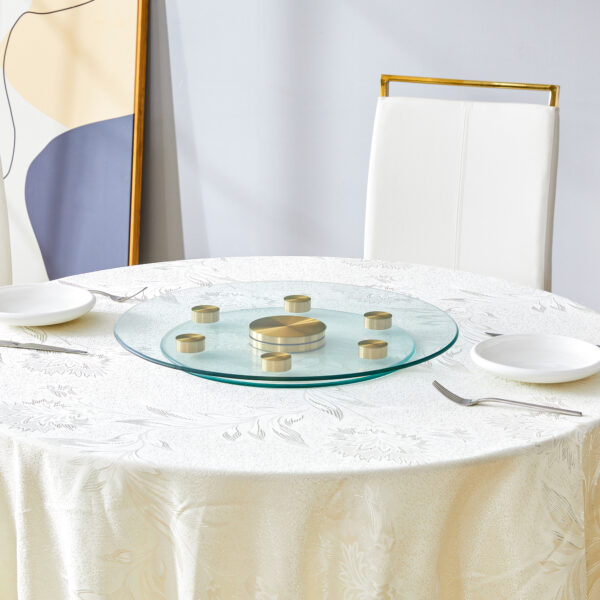 17d19531905c4d58a0dd3329a48d64c6_c9706bc14dfaef8181fb88198c1d708b Double layer rotatable round glass.Golden aluminum plate,The rotatable design makes it convenient to retrieve and place items.The upper glass has a diameter of 20 inches,the lower glass15 inches.