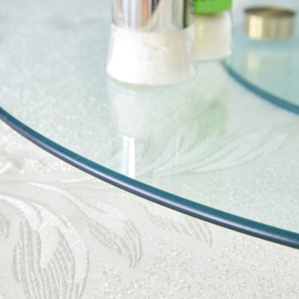 17e5e9940c9b4728935b1ea3fa848bab_f0054c709fcbe7d513a2af4c55749aab Double layer rotatable round glass.Golden aluminum plate,The rotatable design makes it convenient to retrieve and place items.The upper glass has a diameter of 24 inches, the lower glass15 inches.