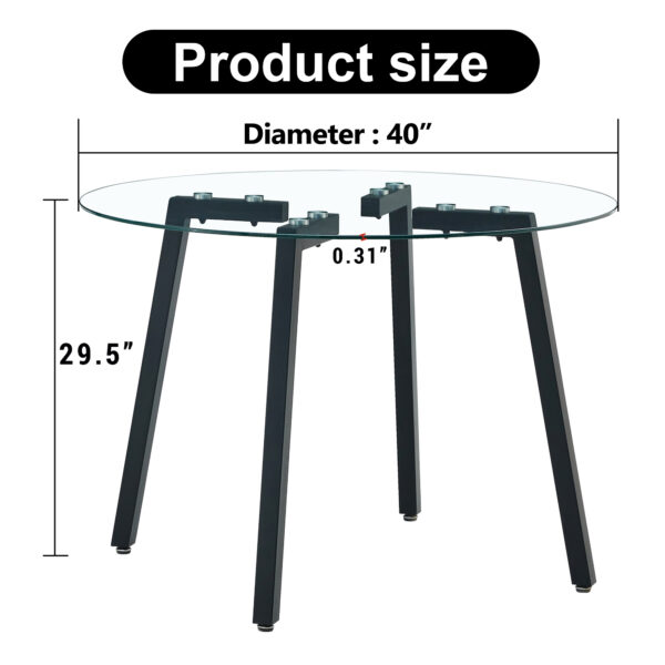 17eb056dc48a40ec8c408ea78ad97411_cf5c748be5235cfd74f823083d5da81d Modern simple style round transparent tempered glass table, tempered glass table top, black metal legs, suitable for kitchen, dining room and living room, 40 "*40" *29.5 "1123r