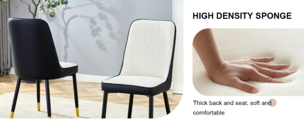 180635b389474782bb62591492056a33_4414454c22b074ee74ea5ea7d33edd00 Modern Two-Tone PU Dining Chairs - White and Black spliced chairs With Gold Decorated Legs.White and Black spliced,Black Metal Legs,Set of 4 chairs.
