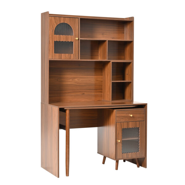Computer Desk with 90 Degree Rotating Desktop, 43x70 Inch Office Desk with Storage Drawer and Cabinets, Gaming Desk with Shelves, Writing Desk for Study, Work Desk for Home Office Bedroom Living Room