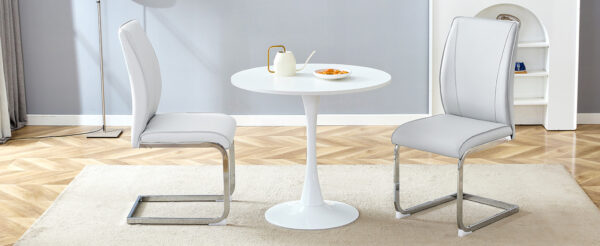 18448d59a578409ab4627e11b54f5ced_ef6289ab94c75bb0982f3ce18cf9e95d Table and chair set.Hourglass-Shaped Stable Small Round Table -31.9" * 31.9" With 2 Soft and Comfortable Light Gray PU Chair With Arched Metal Silver Leg.Create Your Exclusive Low-Key Luxury Space.