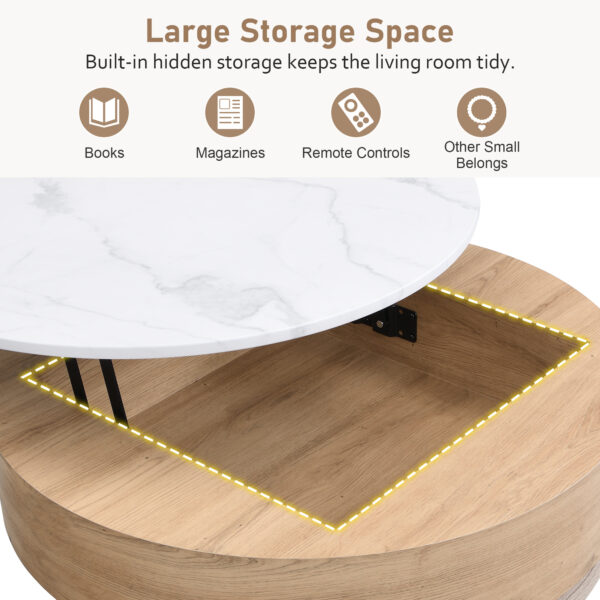 Modern Round Lift-Top Coffee Table with Storage & 3 Ottoman White & Natural