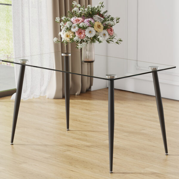 1874fbc1784b40bb9ad6f2c310c5c138_20240319_09917fdaee9fedcdb97a859a7f787fb8 Modern rectangular glass dining table, suitable for 4-6 people, equipped with tempered glass tabletop and black metal legs, writing desk, suitable for kitchen, dining room, and living room.W1151S00805