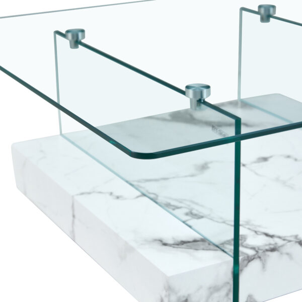 18787988f0114c13a8ddd80a40c51513_8c29b08cfdfd89c72f089ff293d724e0 31.4 Inch Modern Two-Tier Square Coffee Table - An Elegant Combination of Clear Glass and White Marble Pattern Sticker.It can be used as a coffee table,a side table or a display stand.