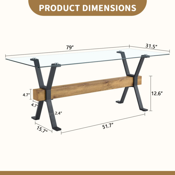 18912fa56f7845eb9c17e1b30b2e11e9_d36eb84e52710d2e90c28d9204d6ad3b Elegant Transparent Tempered Glass Dining Table - 79"x31.5" with X-shaped Black Metal Table Legs,Wood Grain Textured MDF Crossbeam. With a Thickness Of 0.39 Inches.Comfortably Accommodate 6-10 People.