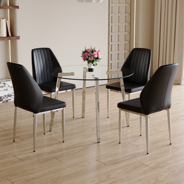 189944cbdf514a8ca17c4ccc967f35d8_fad81724a9ade0a28145ae5df034a3dc Table and chair set.Modern circular transparent tempered glass table, tempered glass tabletop, silver metal table legs.A Set of 4 Black PU Comfort Dining Chairs with extended backrest.