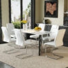 Table and chair set.63*31.4 Inch Luxurious Cold Jade Sintered Stone Dining Table Set - 6 White High-quality PU Chairs With Arched Silver Metal Legs.Perfect For Dinner Room,Meeting Room,Kitchen,etc.