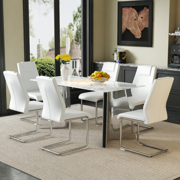 1899839f6e5742a480bcbf3d6039f98b_81cb5ec1f4e94f06510c3f269d4a5462 Table and chair set.63*31.4 Inch Luxurious Cold Jade Sintered Stone Dining Table Set - 6 White High-quality PU Chairs With Arched Silver Metal Legs.Perfect For Dinner Room,Meeting Room,Kitchen,etc.