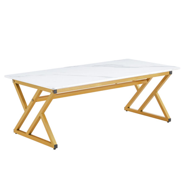 189dd216bd234523977447b108daa3ec_fd63ee168e34600c6b79f0b7b24518c9 A coffee table made of rock slab material, with a smooth and natural surface that complements the modern design of the golden metal legs, making it suitable for living rooms of all sizes.47*23.6