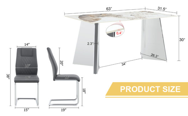 18df91395ff5495ca540d437b4f1b40a_3091e35a0db816b490655f6b6672034a Table and chair set.63"x31.5x30" Luxurious Pandora patterned Sintered Stone Tabletop with Silver Stainless Steel Butterfly Legs.Paried With 4 Dark Gray High-quality PU Chairs With Arched Metal Legs.