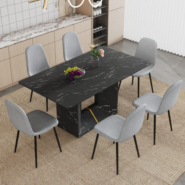 Table and chair set.Black Marble Pattern MDF Dining Table Set - 63"x35.4" with 6 Light Gray Linen Fabric Chairs.Integrated Seat and Backrest,Linen-Cotton Material.Suitable for kitchen,Dining room,etc.