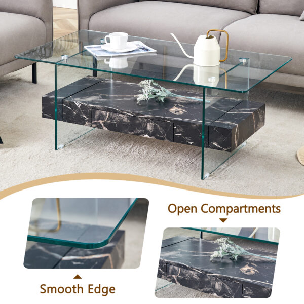 190bbbaadec84f489913a9345bd639e1_99a2aeee8c3fd2c53aed7bd8c5dd0b88 43.3 Inch Modern Two-Tier Coffee Table - Clear Tempered Glass and Black Marble Texture, Multifunctional Storage Design.The bottom tier includes a drawer.Can be used as a coffee table,side table,etc.