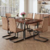 Table and chair set.Industrial Style Walnut-Colored Rectangular Dining Table - 71"x39.3" Large Size.Paired with 6 brown technology fabric chairs with Featuring arched black Metal legs.