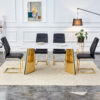 Table and chair set.63"x31.5x30" Luxurious Snow Mountain Patterned Sintered Stone Table with Golden Stainless Steel Butterfly Legs.Paried With 4 Black High-quality PU Chairs With Arched Metal Legs.