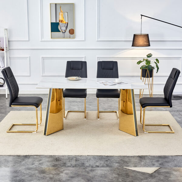 191591926d6248bbaed49fbd9d019e4f_f3b4e7f0e60547bb7735d70758a79793 Table and chair set.63"x31.5x30" Luxurious Snow Mountain Patterned Sintered Stone Table with Golden Stainless Steel Butterfly Legs.Paried With 4 Black High-quality PU Chairs With Arched Metal Legs.