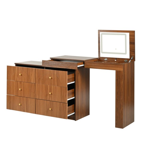 Vanity Desk with Mirror and Lights, Makeup Vanity Table with Flip-Top Tabletop and Storage 7 Drawers, 9 Compartments, 3 Shelves, 3 Color Modes Adjustable Makeup Table for Bedroom, Walnut