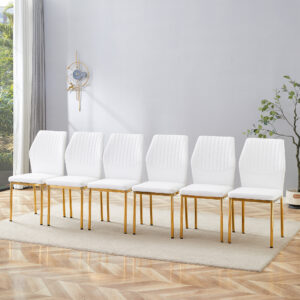 Luxury Simple Chair - Set of 6 White PU Material High Resilience Dining Chair with Metal Gold Leg.The Chair Back Has a Vertical Stripe Design With Smooth And Uniform Lines.