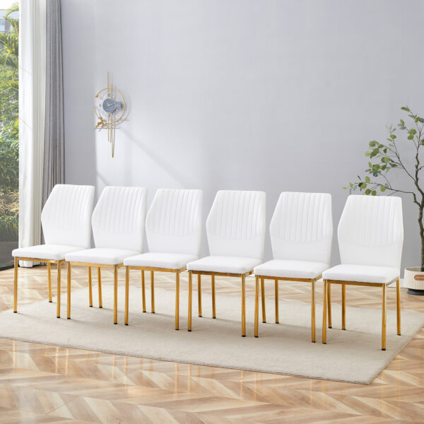 196fc317b8c24918875d3d475bab97fe_c6abedba7538b521ab7a91c540388c23 Luxury Simple Chair - Set of 6 White PU Material High Resilience Dining Chair with Metal Gold Leg.The Chair Back Has a Vertical Stripe Design With Smooth And Uniform Lines.