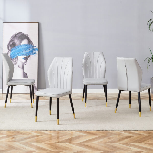 197714744b654531a69f69a0ce850fd8_c87511f524222afd92bc5483d5ab21b6 4 light gray modern dining chairs with stylish PU patterned backrest and black metal legs for a comfortable home experience in the kitchen, bedroom and office.