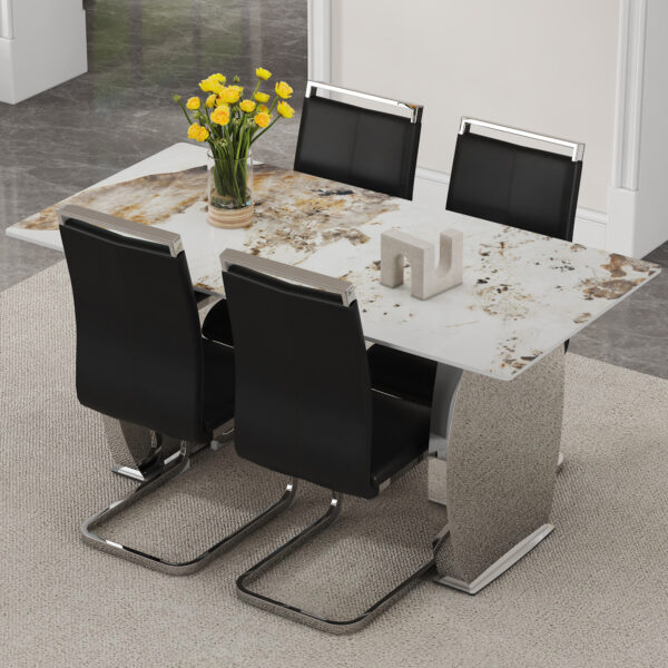 1991029fb58f4f12a00cee503baea60a_6685fcf25f48171e88324c1d2cb4bb72 Table and chair set.63*31.4 Inch Pandora Patterned Sintered Stone Dining Table Set - 4 Black PU Chairs With Silver Metal Legs.Modern Light Luxury.Perfect For Dinner Room,Meeting Room,Kitchen,etc.