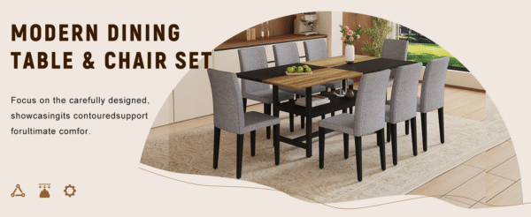 Table and chair set.71*35.4 inch Wooden And Black Spliced Dining Table With Storage Function In The Middle Of The Table Legs.Paired With 8 Light Gray Linen-Cotton Dining Chairs, Simple And Versatile.