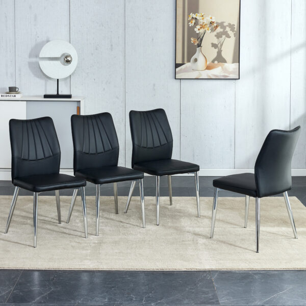 19a47d3ceda842dca1fc5ad9fb094d20_20240205_23de8eecce8d4eb337f1fd0b8db25d21 Four black dining chairs. Modern chairs from the Middle Ages. Made of PU material cushion and silver metal legs. Suitable for restaurants and living rooms C-009