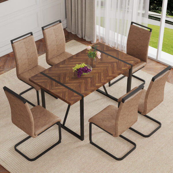 Table and chair set.A retro rectangular dining table with fishbone patterned MDF desktop and black metal legs.Paired With 6 Brown technology fabric chairs with Featuring arched black legs.