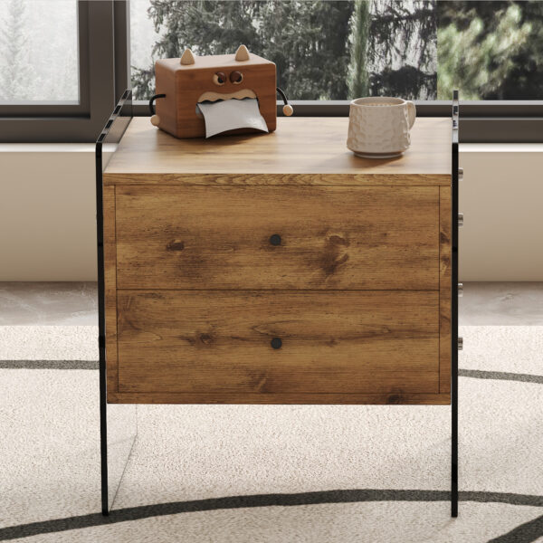 19fd323f28b04ccf8a8c078b1b344807_1c8af401b84e84c00873cc52ec70525c Double-drawer bedside table. The board surface is MDF sticker, and both sides are transparent tempered glass. The design is simple and elegant, with excellent storage functions.