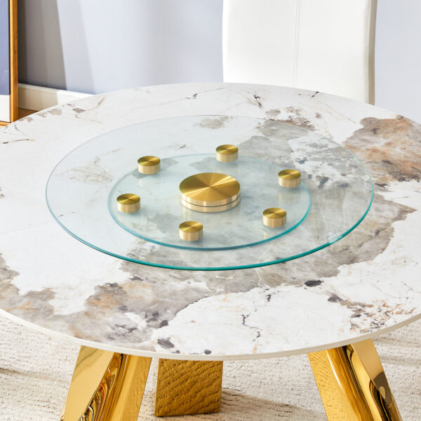 1a0471ace78c4508b12a0739738551f3_d61f0240ee23ba56526e7a976f20f7b2 Double layer rotatable round glass.Golden aluminum plate,The rotatable design makes it convenient to retrieve and place items.The upper glass has a diameter of 24 inches, the lower glass15 inches.
