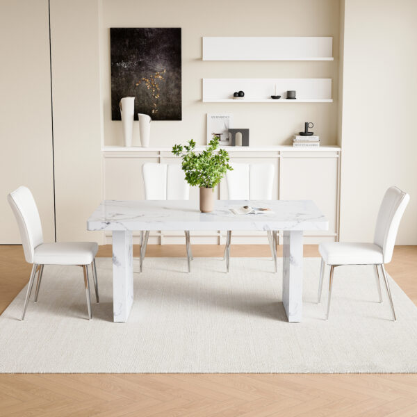 1a19245487b440169f803b97a9a3aa9d_ef9585fb4d332d70fd724fef47493452 Table and chair set.63"*35.4" White Imitation Marble Pattern MDF Dining Table Set - 4 White PU Chairs with a vertical stripe design on the backrest.Create Your Exclusive Low-Key Luxury Space.