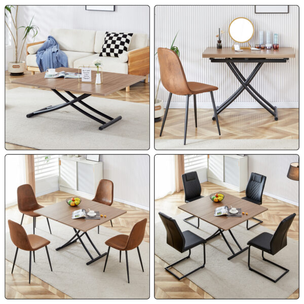 Modern minimalist multifunctional lifting table, with a 0.8-inch wood grain process sticker desktop and black metal legs, can be used as a dressing table, coffee table, dining table, and office table