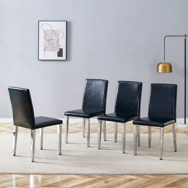 1a27452eda25484f8b1ab553422c800f_db16044053583db5425a0469d87b74b0 Four Black PU dining chairs,Silver Metal Legs.Simple and versatile, comfortable and accompanied. Exquisite and versatile dining chairs unlock a comfortable new experience.(Set of 4)
