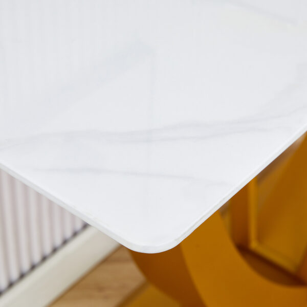 Modern and simple rectangular glass dining table in white with a pattern, 0.39 "white top and gold legs, suitable for entrance and living room.