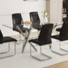 Table and chair set.71''*35.4'' Inch Modern Luxurious Transparent Tempered Glass Dining Table Set with 6 Chairs.Double Fork Silver Metal Table Legs.Black High-quality PU Dining Chairs.