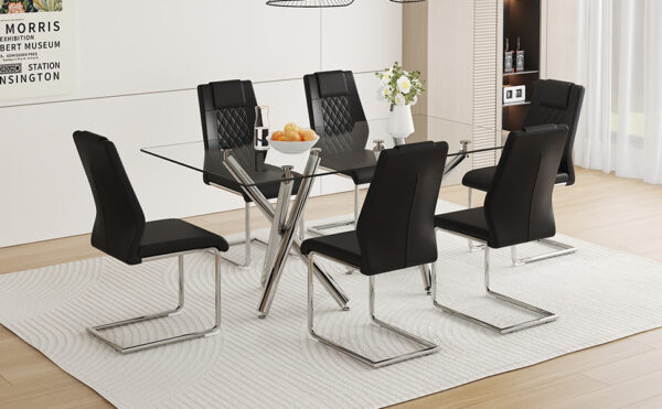 1a68411f21444239aabb4aeab9a824dc_9e937c9671cbf2a40b0c885f6435f654 Table and chair set.71''*35.4'' Inch Modern Luxurious Transparent Tempered Glass Dining Table Set with 6 Chairs.Double Fork Silver Metal Table Legs.Black High-quality PU Dining Chairs.