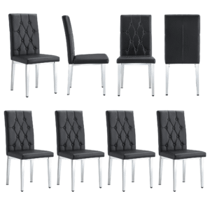 8 piece set of black armless dining chairs brings a touch of elegance and mystery to the dining area with its deep black tone,The grid and buckle design of the back add a vintage yet fashionable touch
