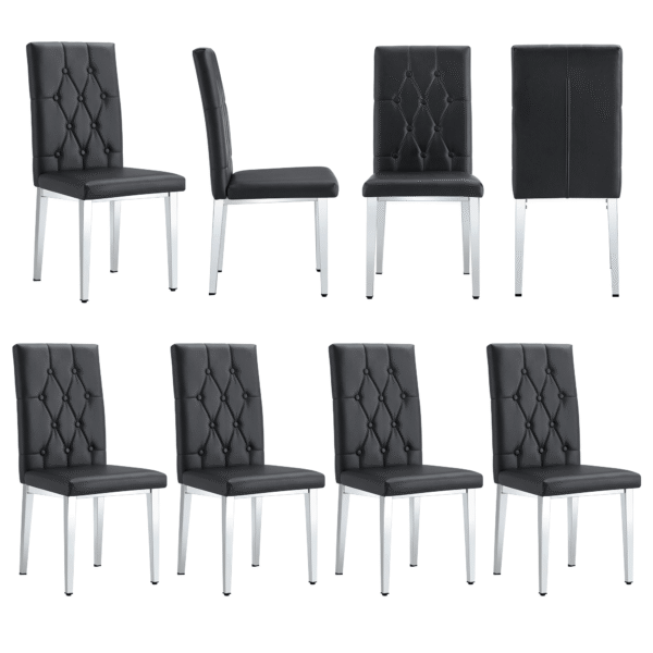 8 piece set of black armless dining chairs brings a touch of elegance and mystery to the dining area with its deep black tone,The grid and buckle design of the back add a vintage yet fashionable touch