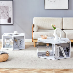 Minimalist white patterns hexagonal Coffee Table Set.Hexagonal MDF coffee table, characteristic pattern stickers, multi-hole design to give more storage space.Two coffee tables of different sizes.